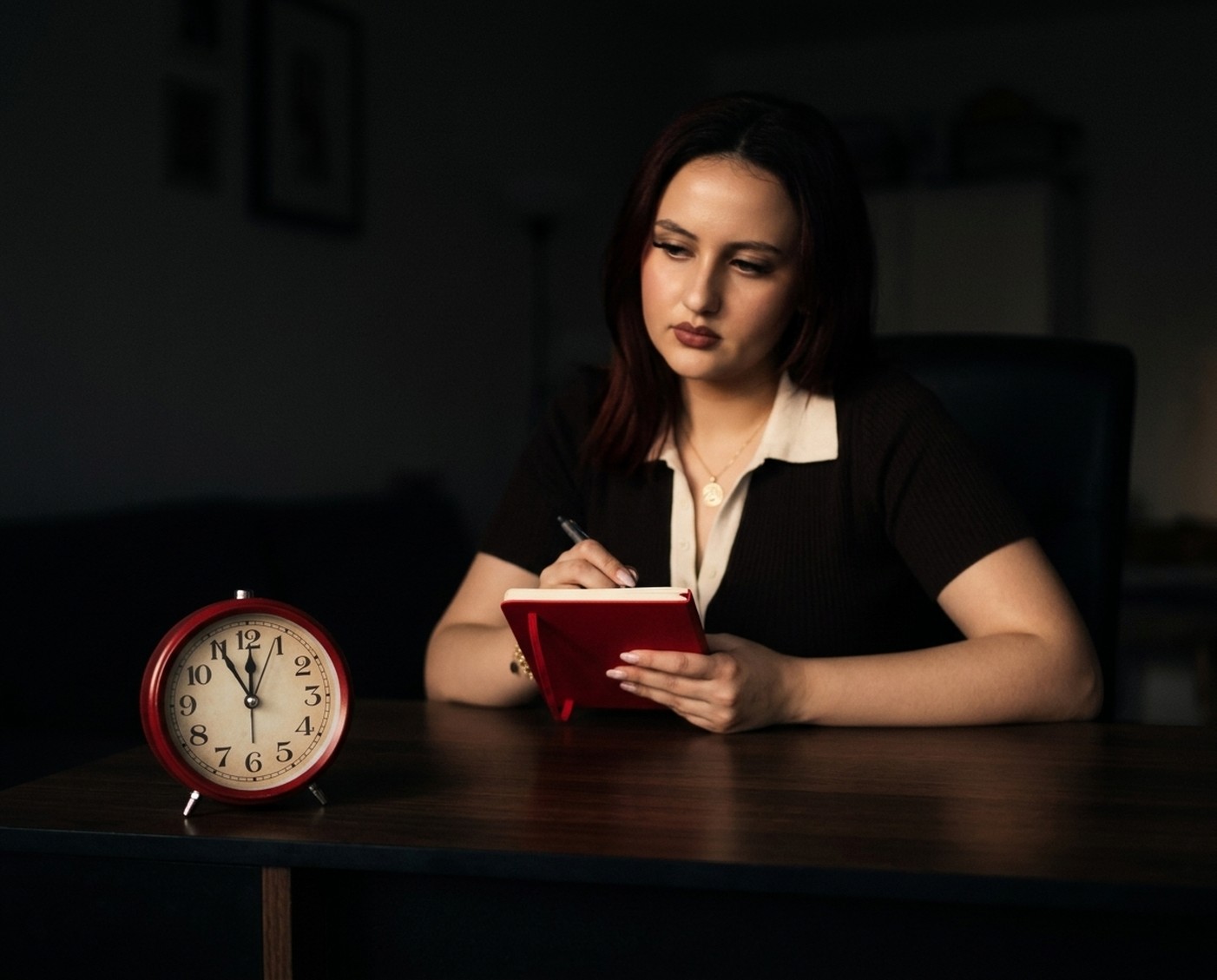 Femeie scriind în jurnal, înconjurată de gânduri despre conversații și relații.