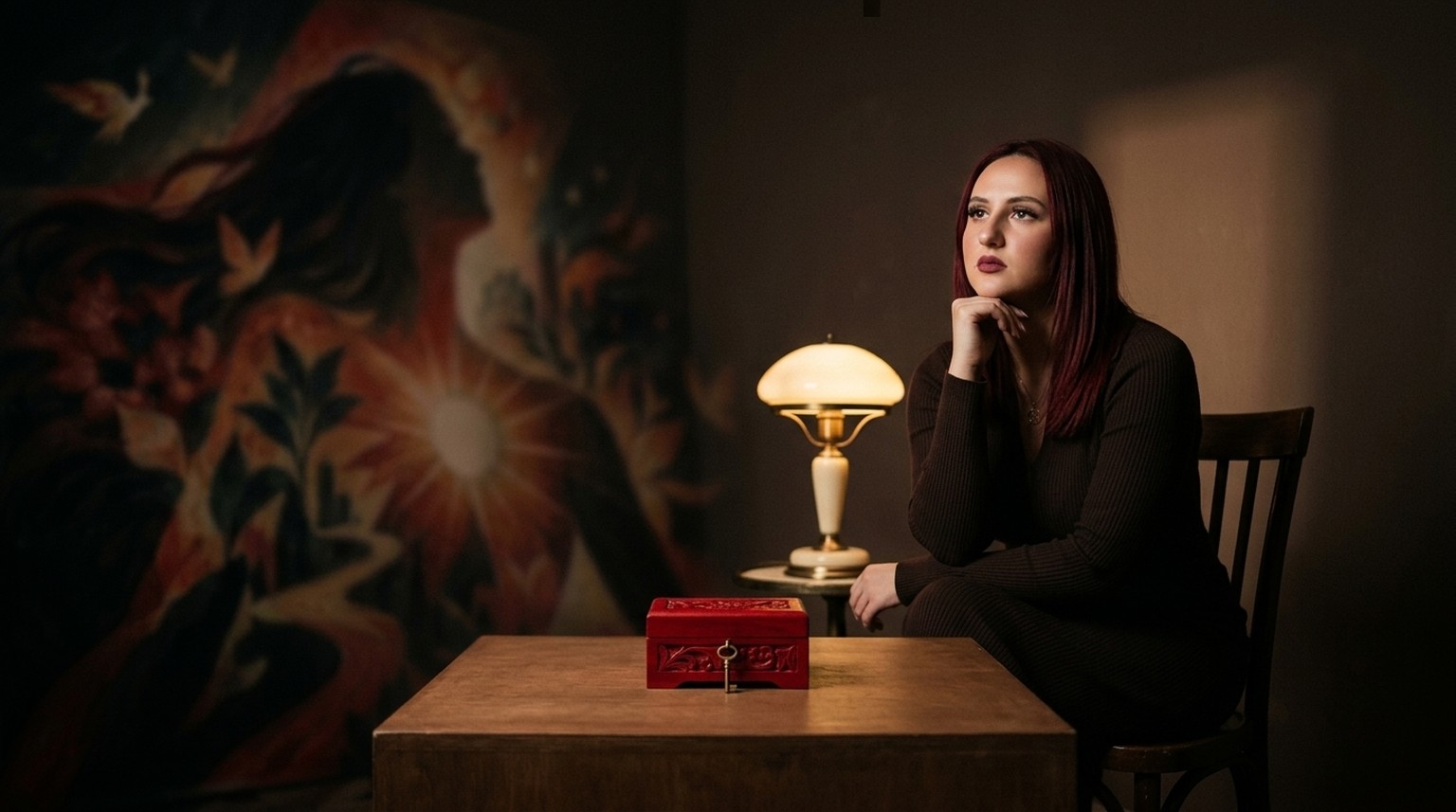Femeie așezată sub un reflector, în fața unei picturi murale colorate, plină de flori, lumină și siluete feminine.