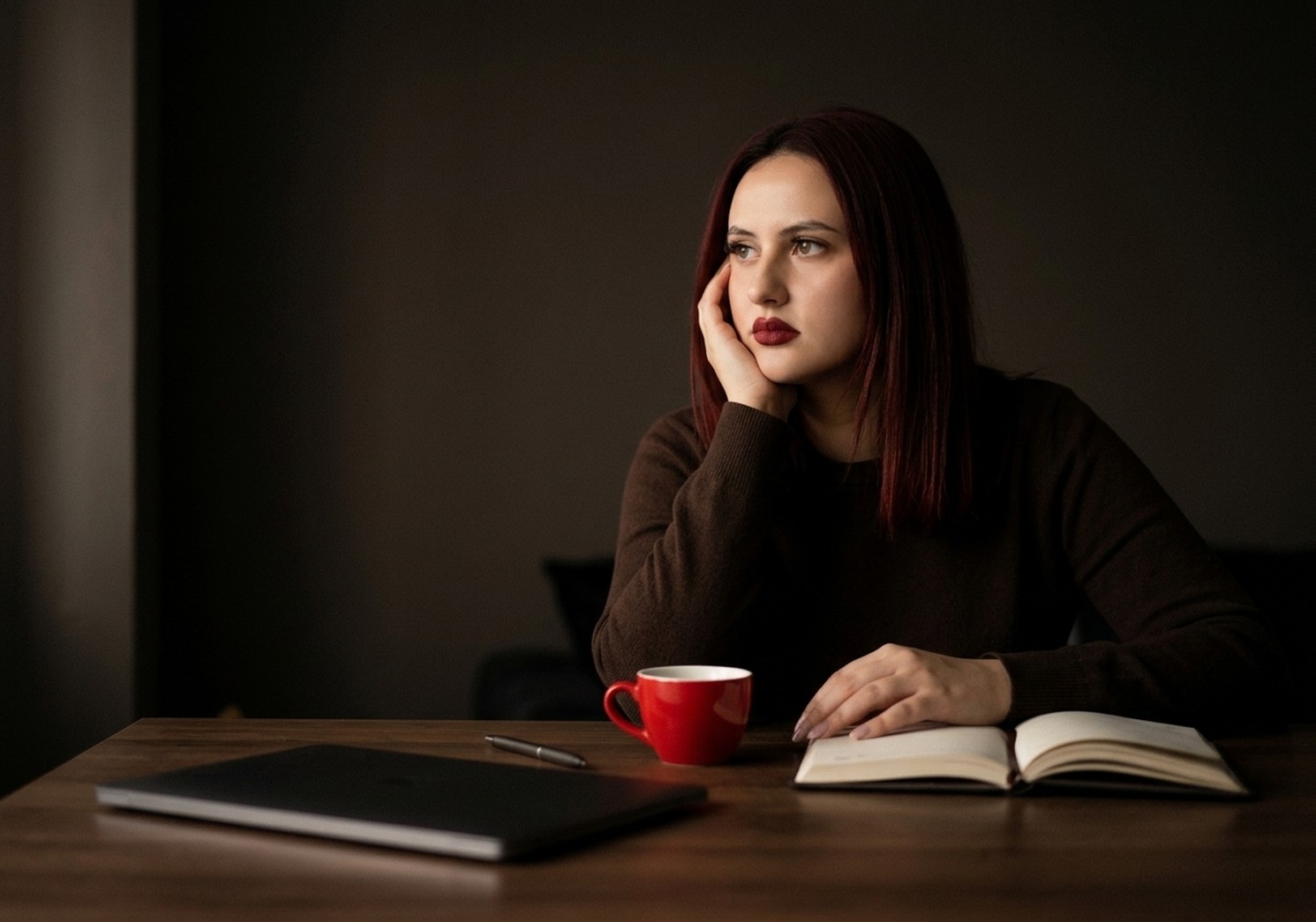 Birou colorat cu laptop, cafea, carnețel și bilețele motivaționale despre muncă, curaj și răbdare.