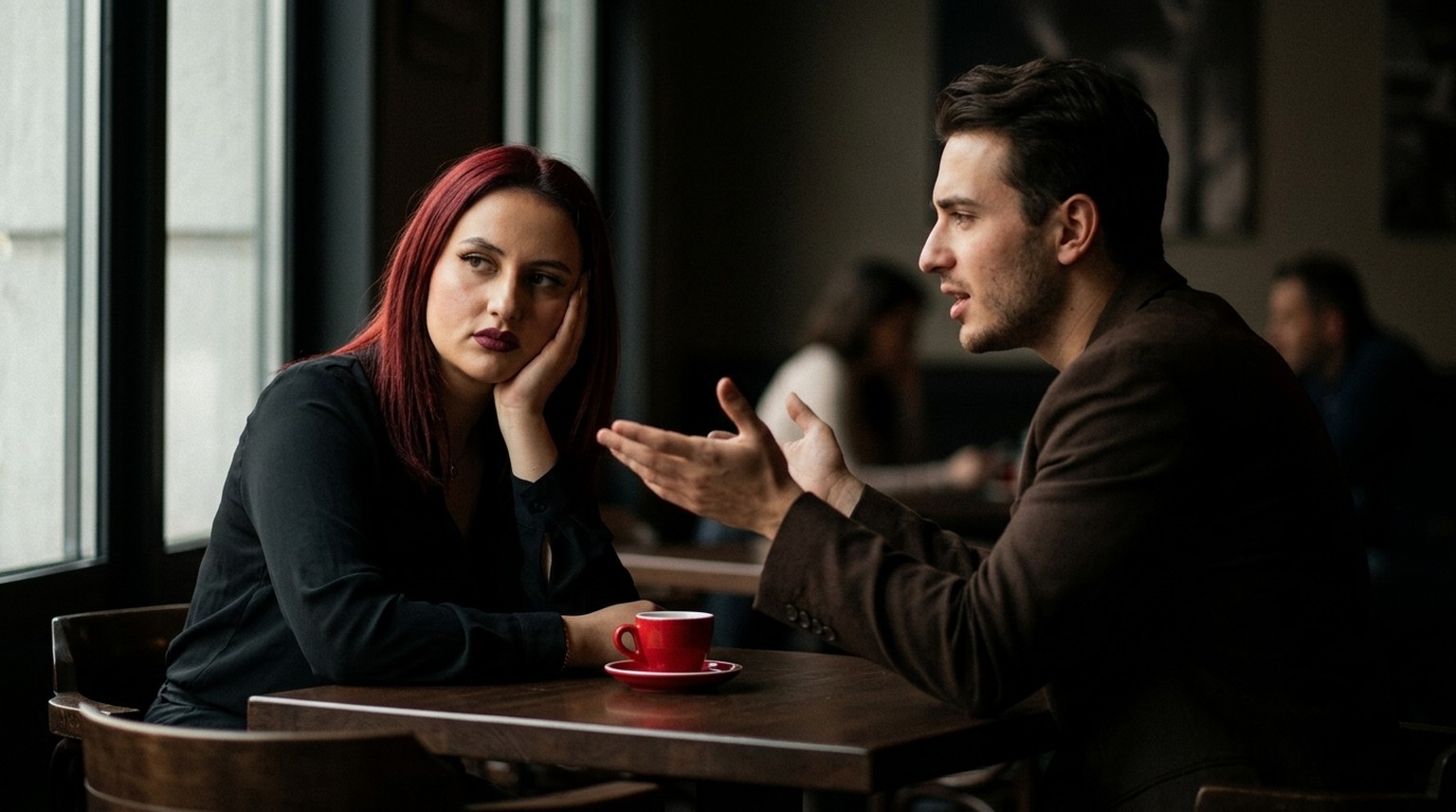 Femeie plictisită la o masă de cafenea ascultă un bărbat care vorbește mult.
